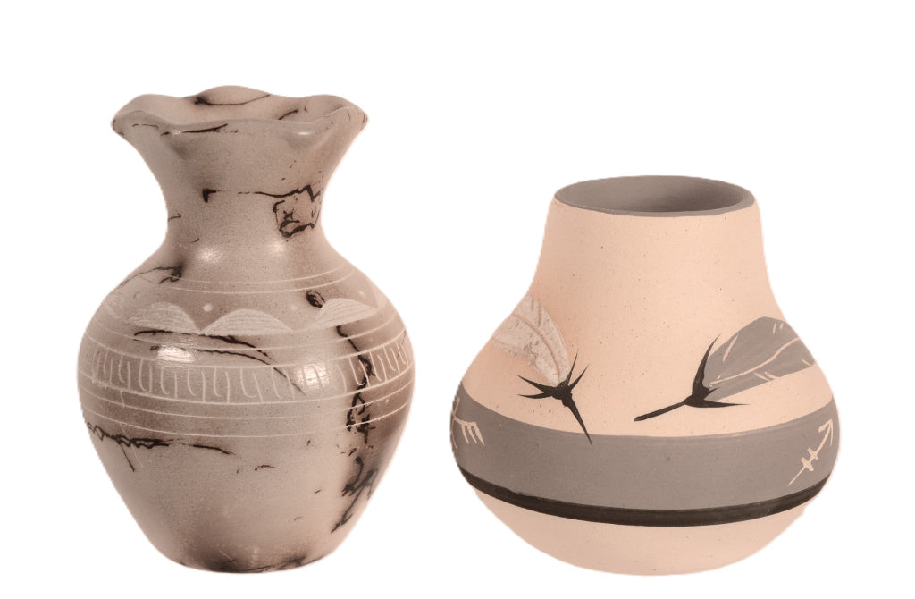 Navajo Grey Feather Pottery and Horsehair Vase By M. Bennett Set of 2