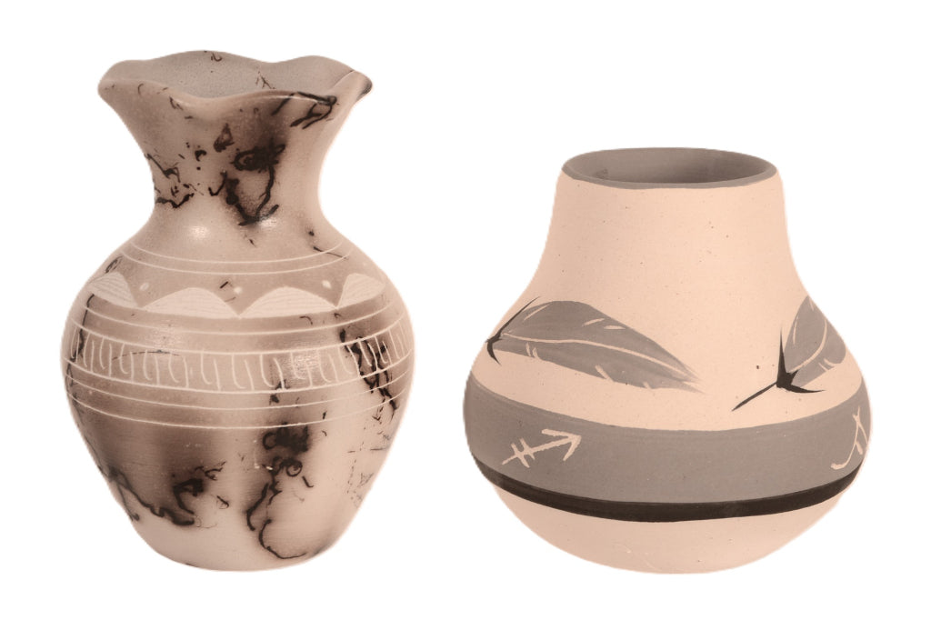 Navajo Grey Feather Pottery and Horsehair Vase By M. Bennett Set of 2