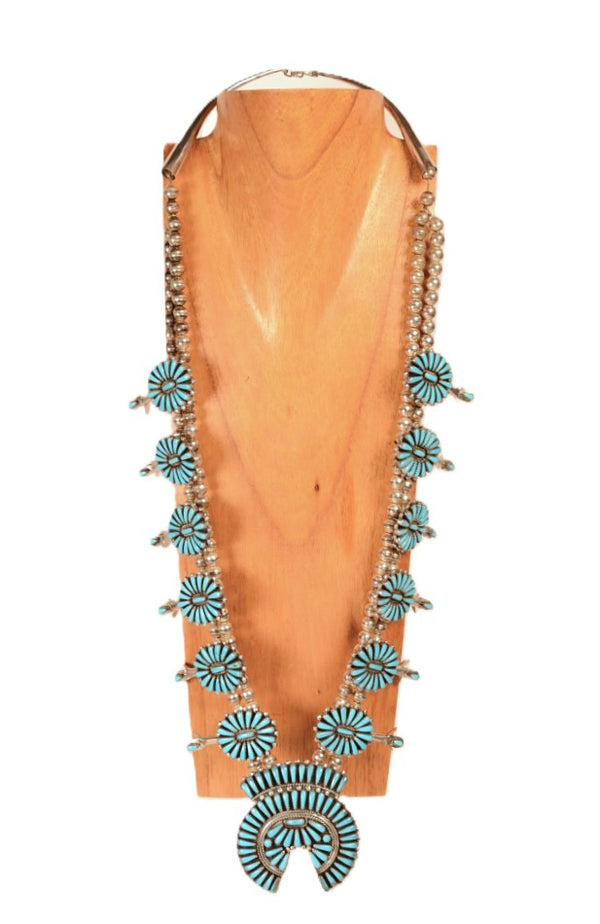 Navajo Turquoise and Sterling Squash Blossom Necklace