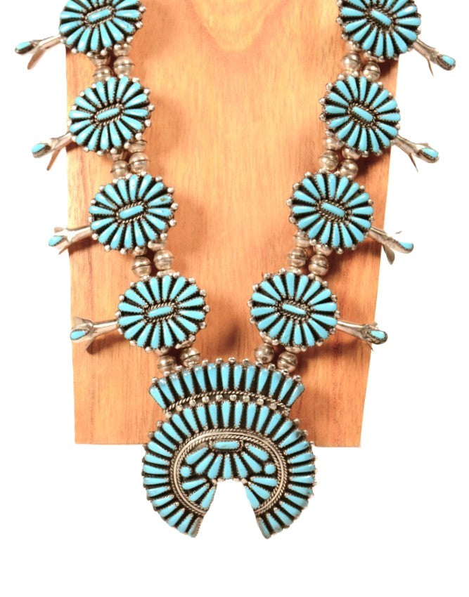 Navajo Turquoise and Sterling Squash Blossom Necklace