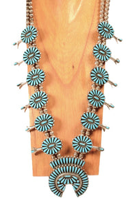 Navajo Turquoise and Sterling Squash Blossom Necklace