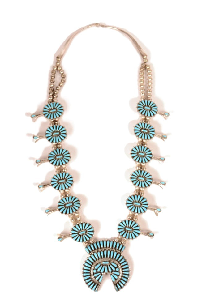 Navajo Turquoise and Sterling Squash Blossom Necklace