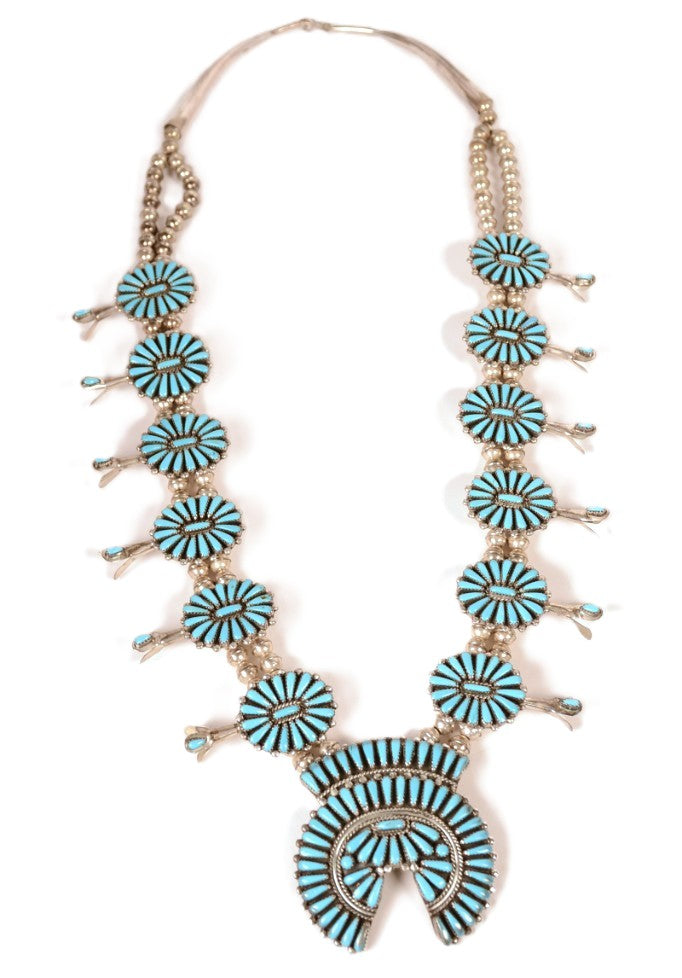 Navajo Turquoise and Sterling Squash Blossom Necklace