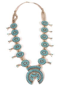Navajo Turquoise and Sterling Squash Blossom Necklace