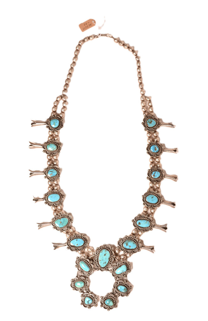 Navajo Sterling Silver and Turquoise Squash Blossom Necklace