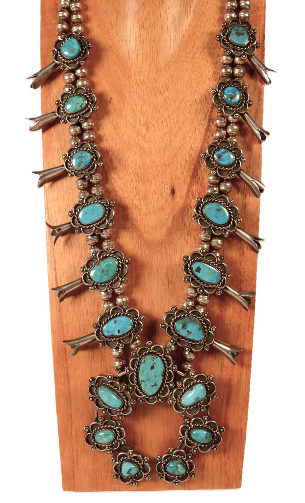 Navajo Sterling Silver and Turquoise Squash Blossom Necklace