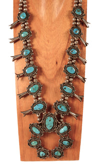 Navajo Sterling Silver and Turquoise Squash Blossom Necklace