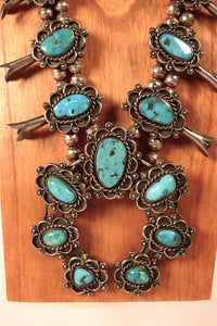 Navajo Sterling Silver and Turquoise Squash Blossom Necklace