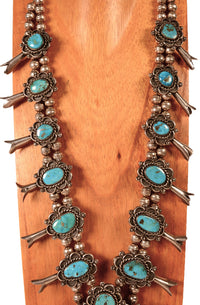 Navajo Sterling Silver and Turquoise Squash Blossom Necklace