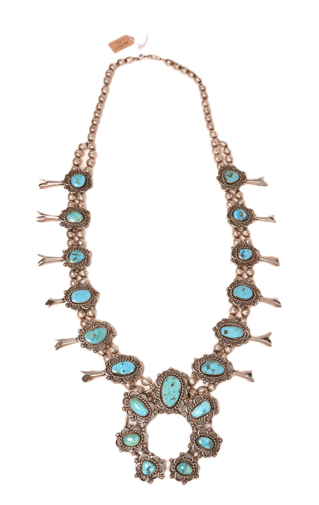 Navajo Sterling Silver and Turquoise Squash Blossom Necklace