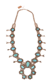 Navajo Sterling Silver and Turquoise Squash Blossom Necklace