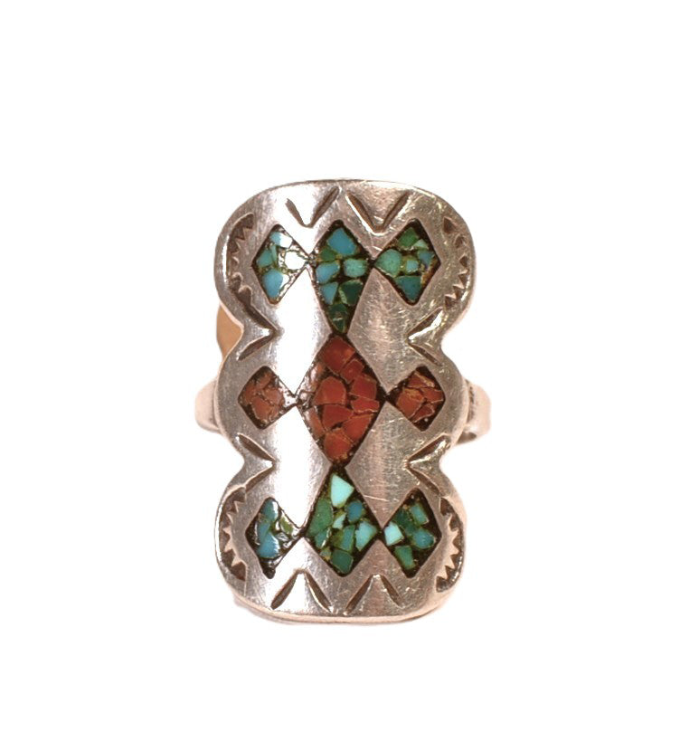 Navajo Sterling Silver and Turquoise and Coral Chip Inlay Ring