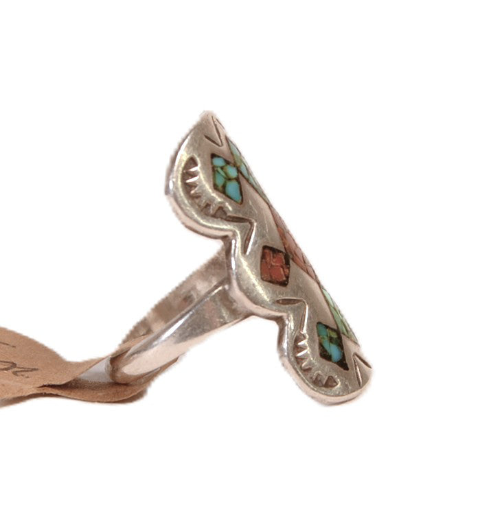 Navajo Sterling Silver and Turquoise and Coral Chip Inlay Ring