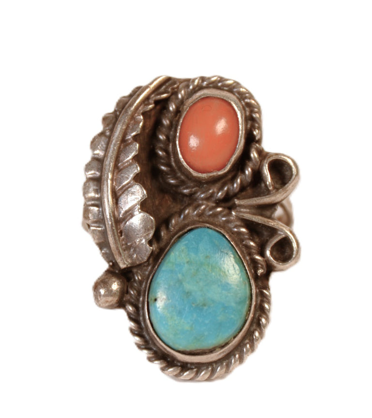 Navajo Sterling Silver Turquoise and Coral Ring