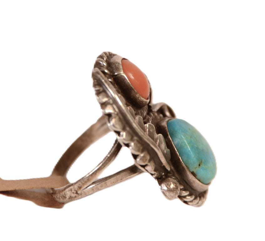 Navajo Sterling Silver Turquoise and Coral Ring
