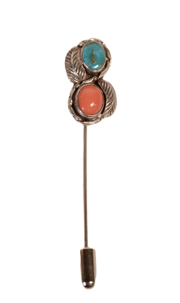 Navajo Sterling Silver Turquoise and Coral Stick Pin