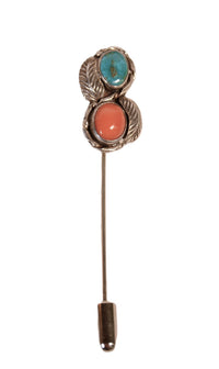Navajo Sterling Silver Turquoise and Coral Stick Pin