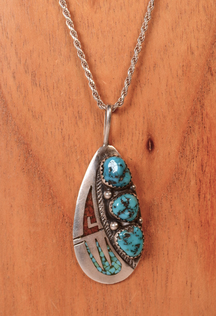 Navajo Sterling Silver Chip Inlay Pendant Necklace