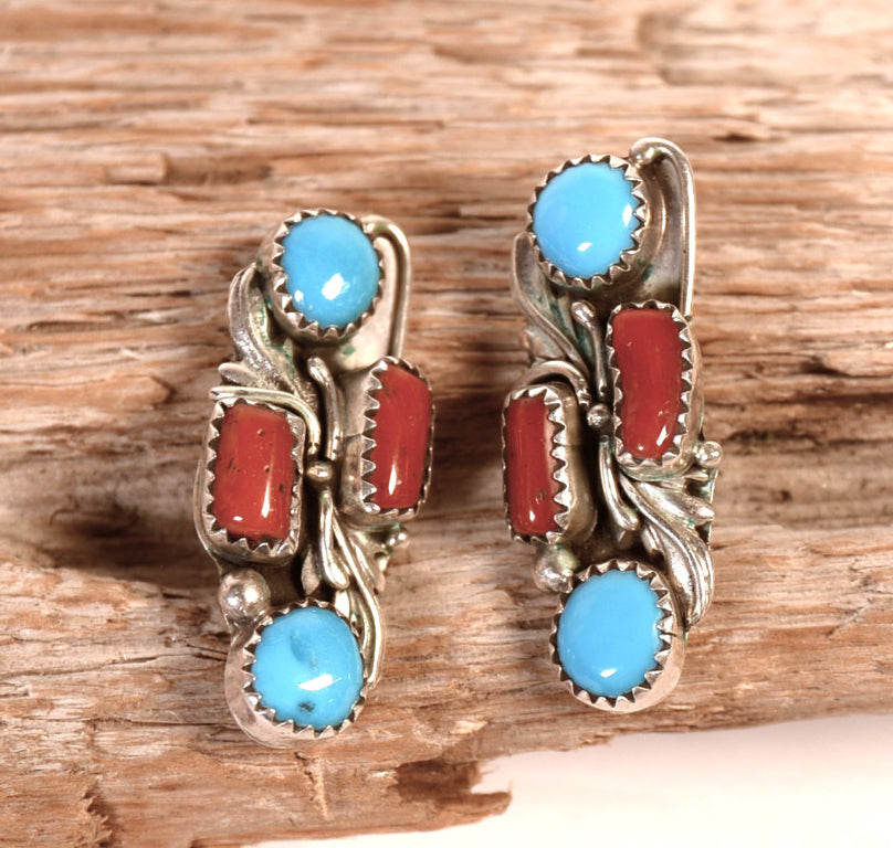 Navajo Sterling Silver Turquoise and Coral Clip Earrings