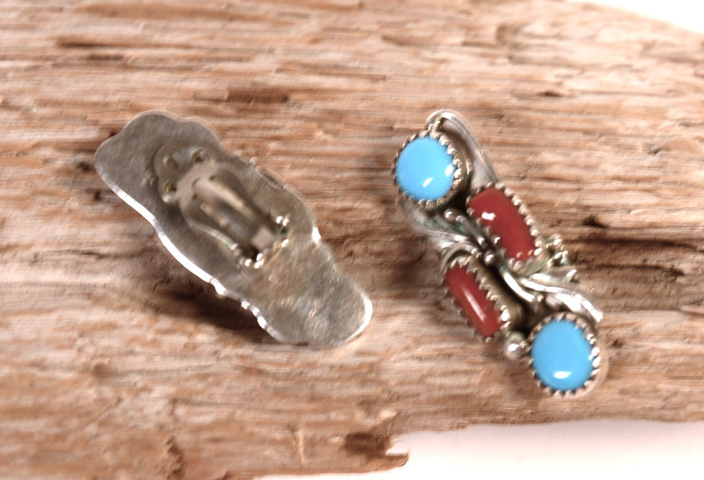 Navajo Sterling Silver Turquoise and Coral Clip Earrings