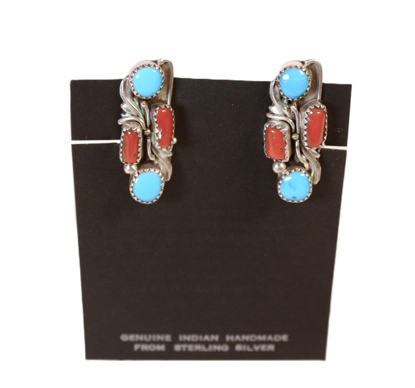 Navajo Sterling Silver Turquoise and Coral Clip Earrings