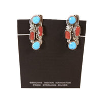 Navajo Sterling Silver Turquoise and Coral Clip Earrings