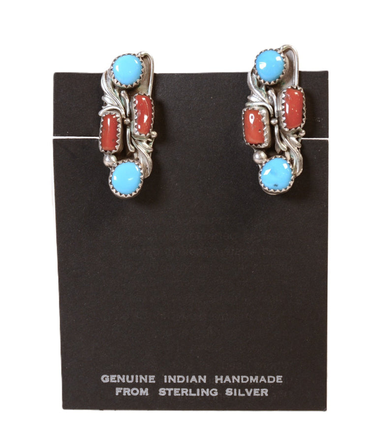 Navajo Sterling Silver Turquoise and Coral Clip Earrings