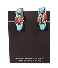 Navajo Sterling Silver Turquoise and Coral Clip Earrings