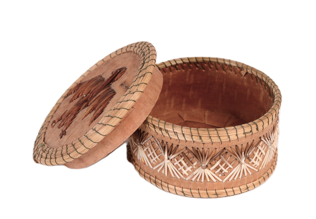 Ojibwe Birch Bark and Quill Lidded Box Basket