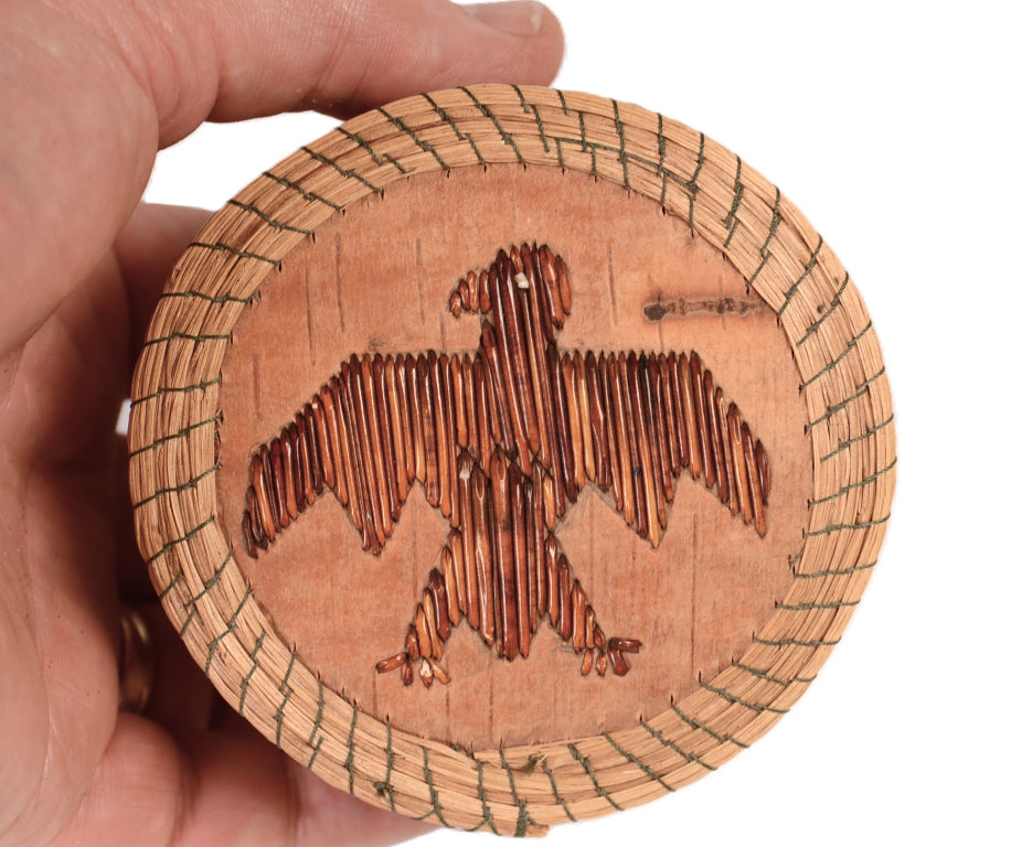 Ojibwe Birch Bark and Quill Lidded Box Basket
