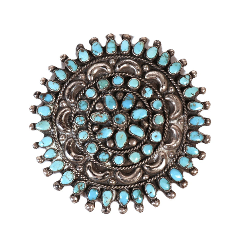 Zuni Pueblo Sterling Silver and Turquoise Brooch