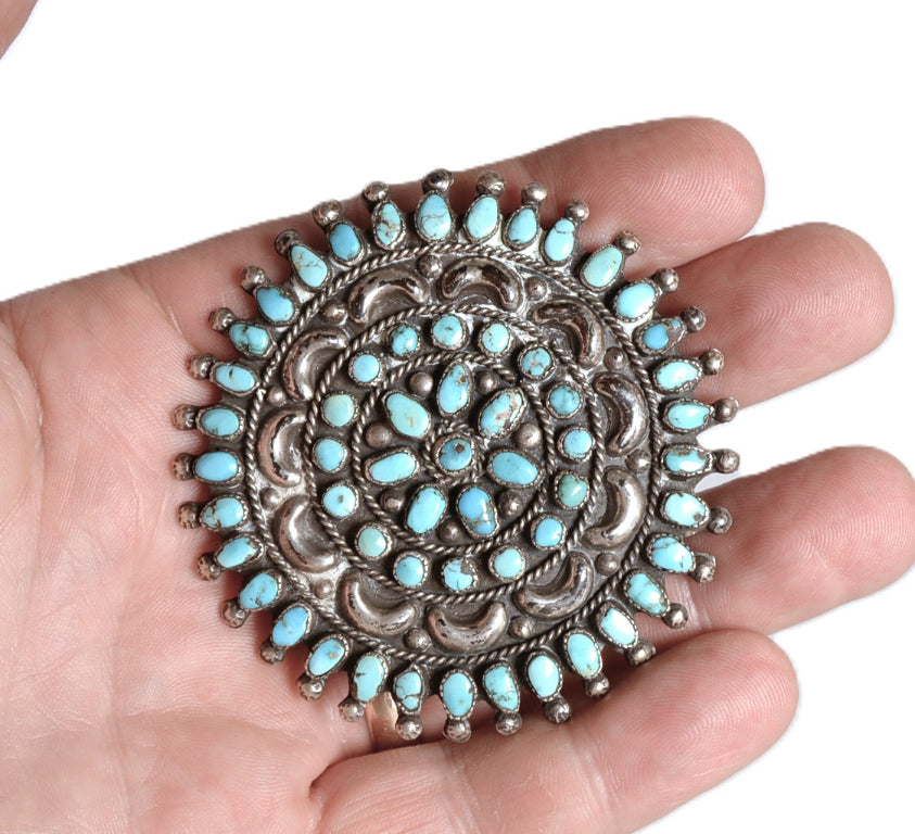Zuni Pueblo Sterling Silver and Turquoise Brooch