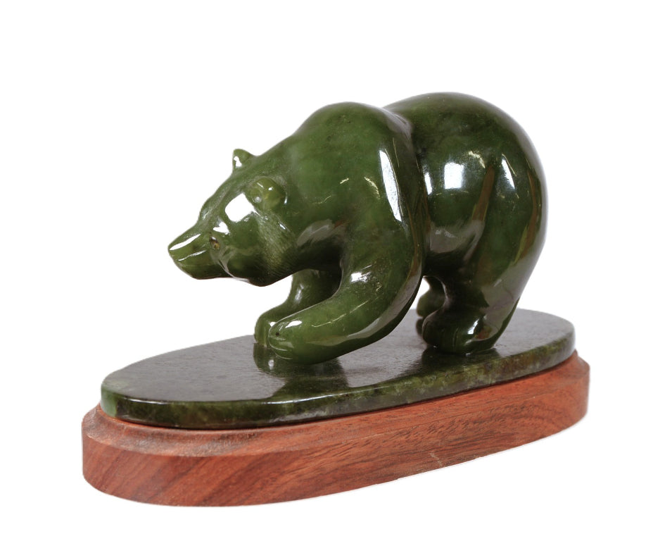 Alaskan Green Jade Bear on Wood and Jade Stand