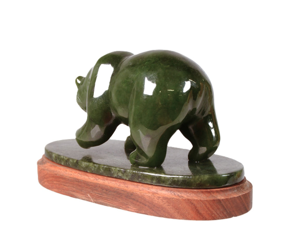 Alaskan Green Jade Bear on Wood and Jade Stand