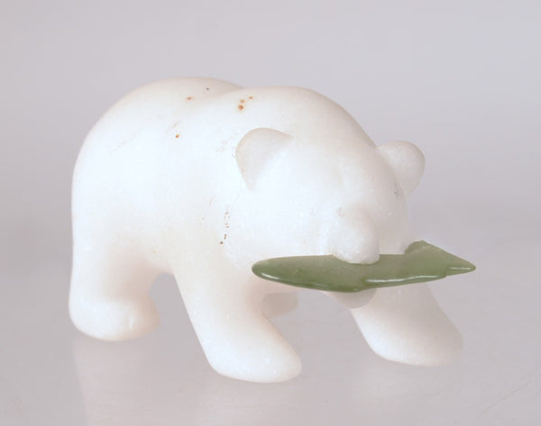 Inuit White Alabaster Bear with Jade Fish