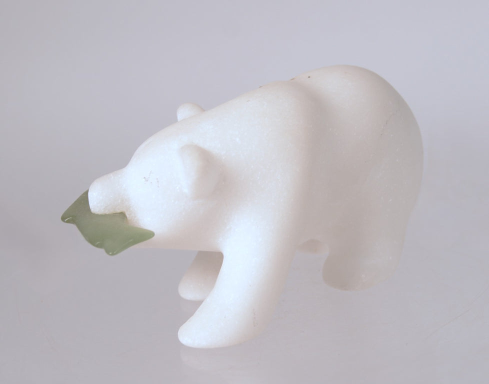 Inuit White Alabaster Bear with Jade Fish