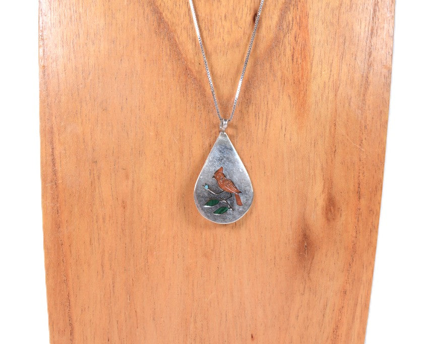 Zuni Pueblo Red Cardinal Inlay Pendant Necklace By LW