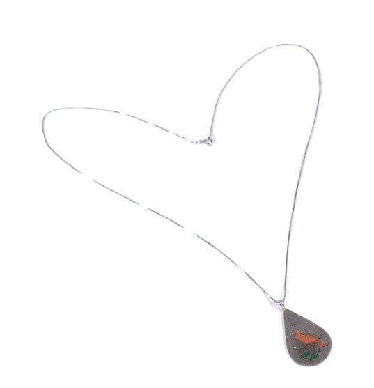 Zuni Pueblo Red Cardinal Inlay Pendant Necklace By LW