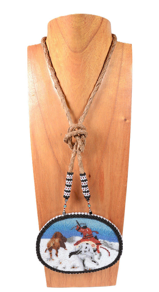 Sioux/Assinaboin Beaded Pendant on Hide By Vernon Running Bear