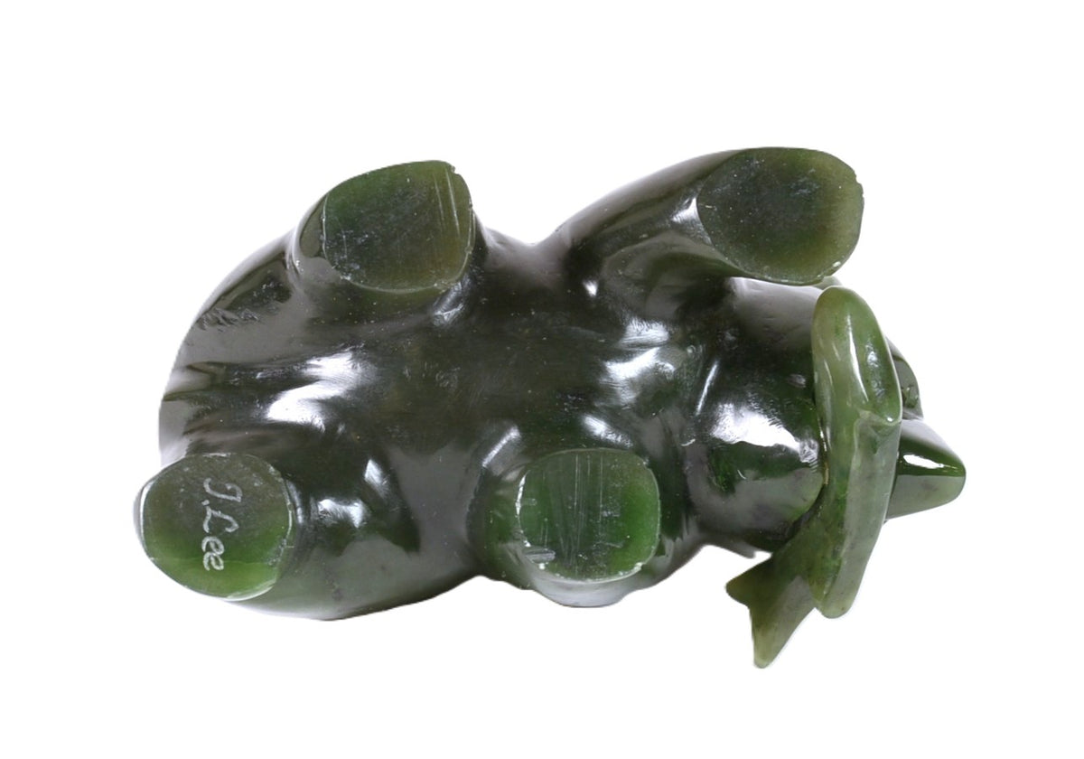 North West Coast Green Jade Bear with Fish Sculpture By J. Lee