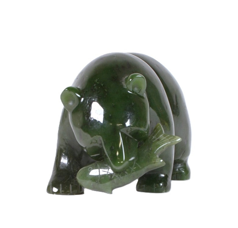 North West Coast Green Jade Bear with Fish Sculpture By J. Lee