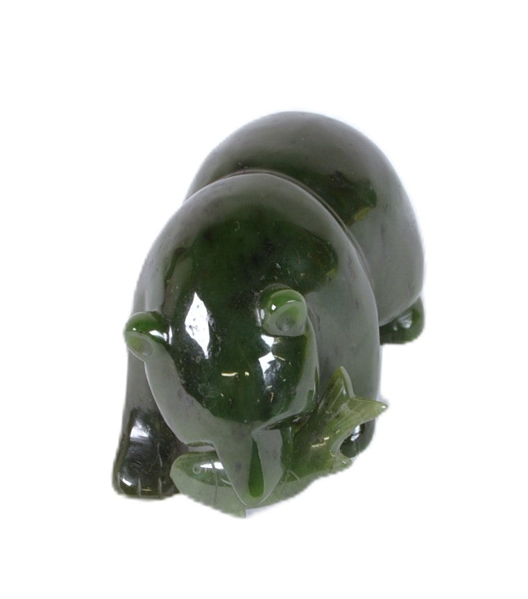 North West Coast Green Jade Bear with Fish Sculpture By J. Lee