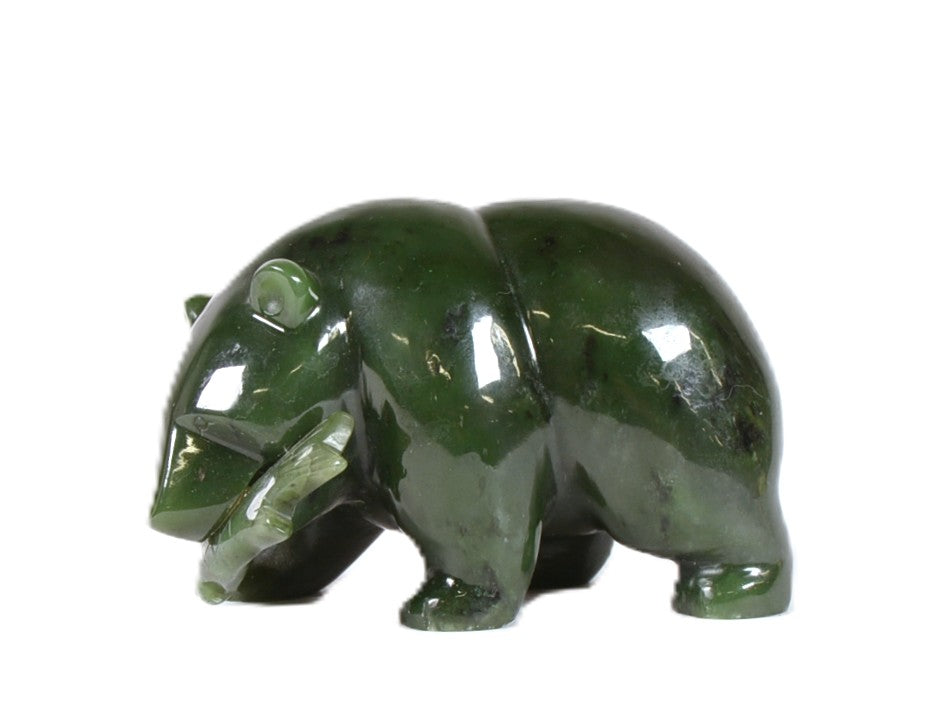 North West Coast Green Jade Bear with Fish Sculpture By J. Lee