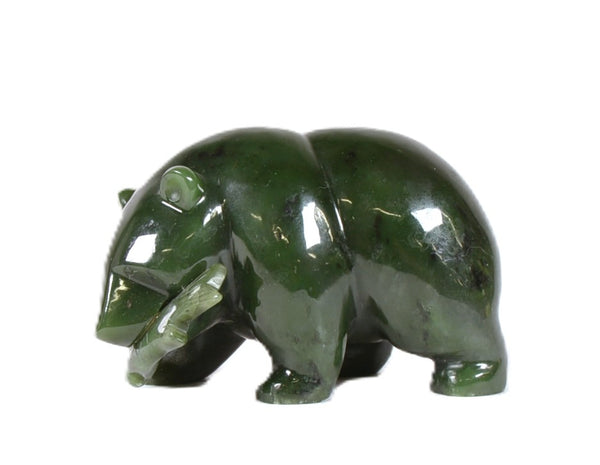 North West Coast Green Jade Bear with Fish Sculpture By J. Lee