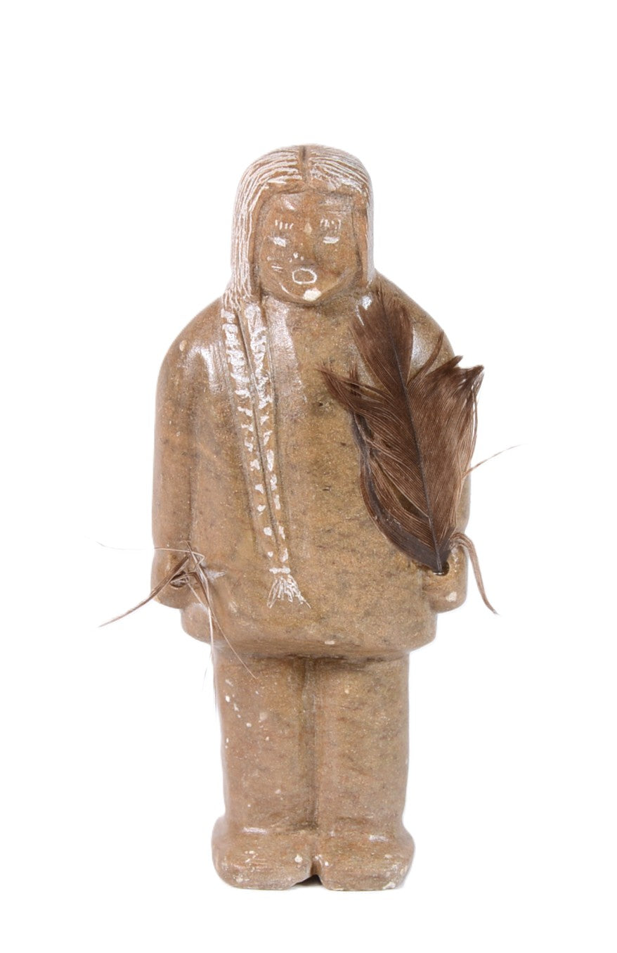 North West Coast Soapstone Female Figure with Feather Sculpture By Herb Pelkey