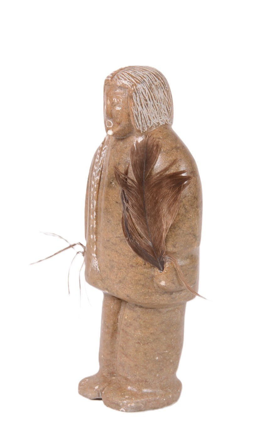 North West Coast Soapstone Female Figure with Feather Sculpture By Herb Pelkey