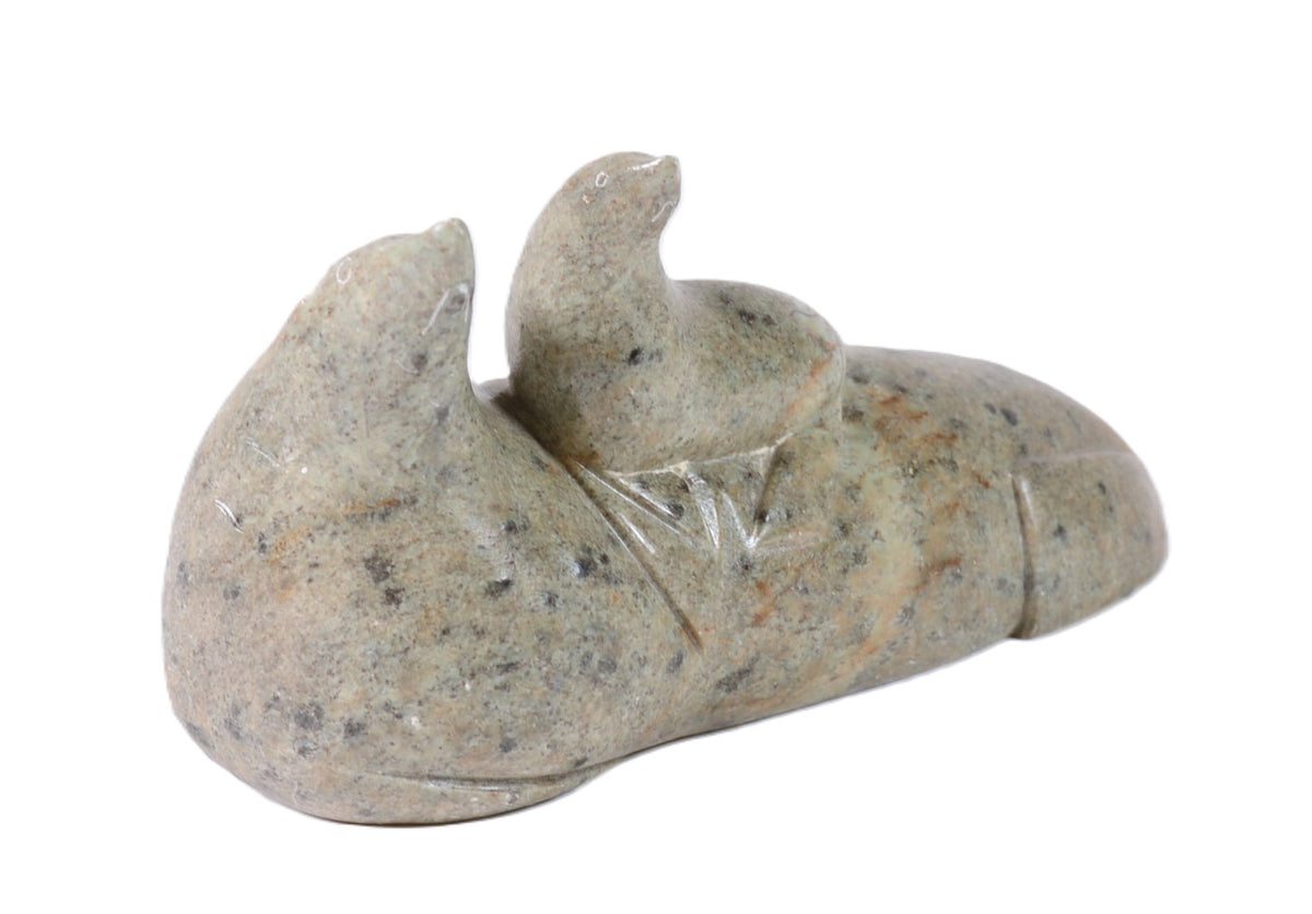 Inuit Two Seals Sculpture By Eddie Omnik