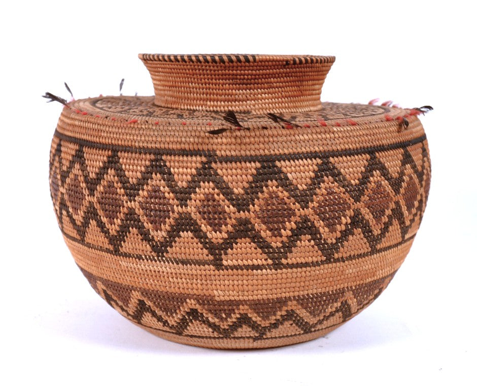 Yokuts Bottleneck Basket with Quail Top Knots