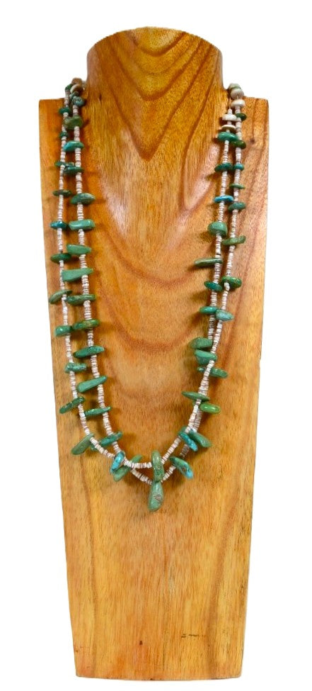 Navajo Two Strand Shell and Turquoise Tab Necklace