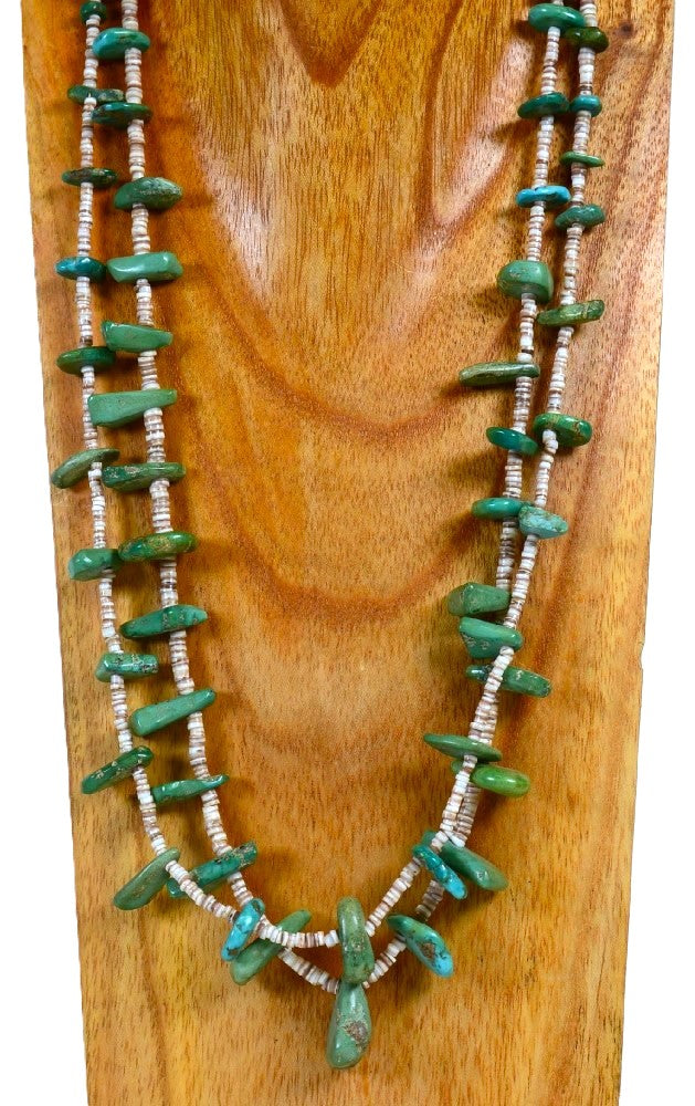 Navajo Two Strand Shell and Turquoise Tab Necklace